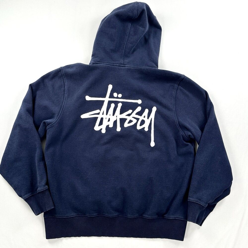 Stussy Hoodie Sweatshirt Medium Blue Pullover Spellout Pocket Skater Streetwear